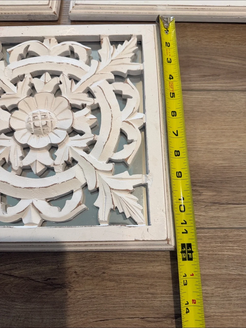 Decorative Carved Floral Rustic Boho Wall Plaques - White. Set of 3. Mirrored.